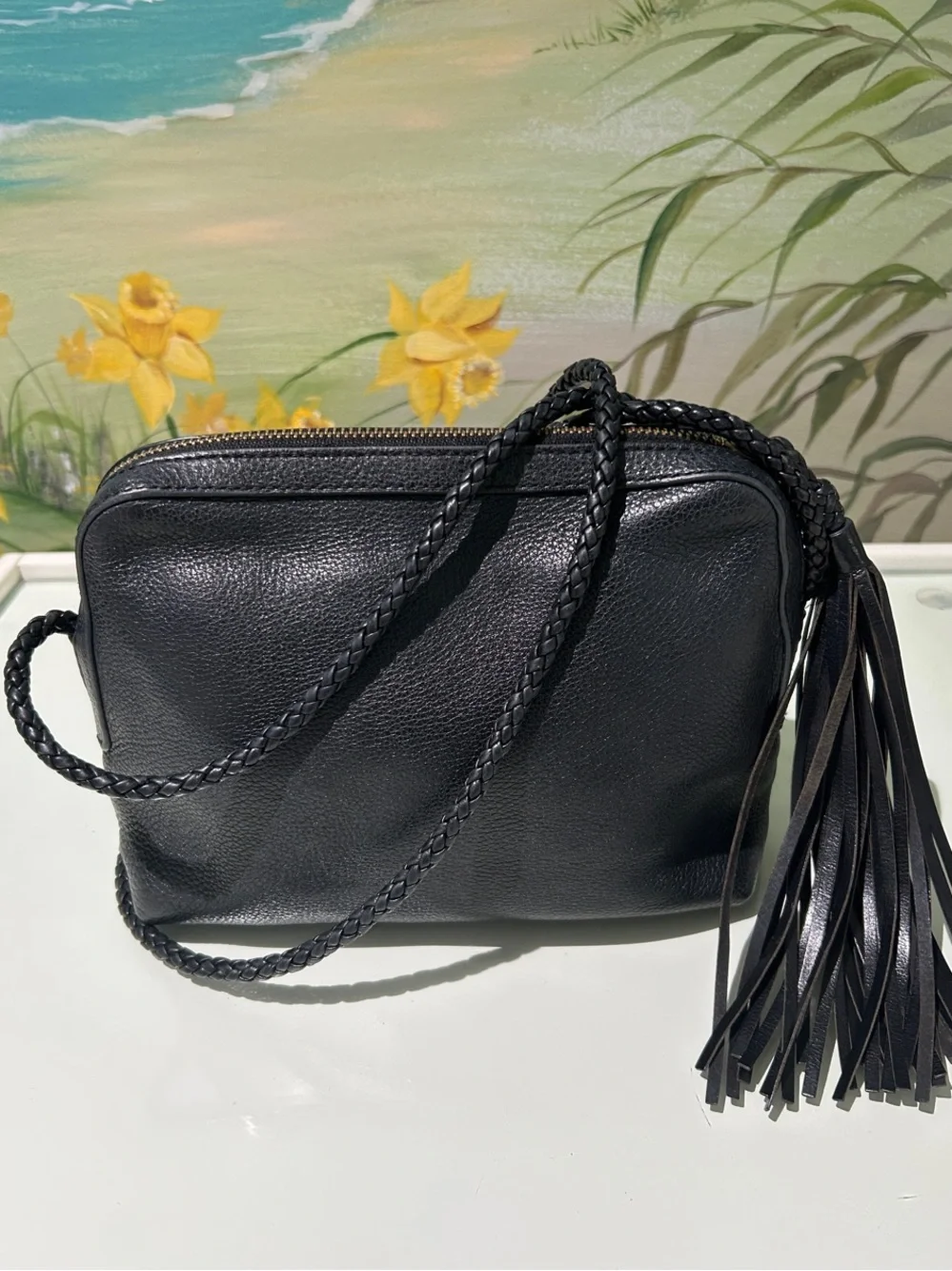 Tory Burch Black Pebbled Leather Camera Crossbody Bag with Tassel